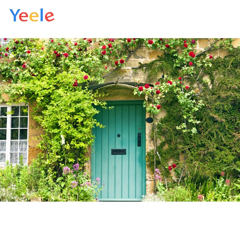 Yeele Stone House Green Leaves Red Flowers Light Blue Door Landscape Background Photophone Photography for Decor Customized Size |