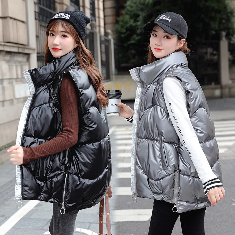 

Autumn Winter Cotton Vest Jackets Women's Clothing 2022 New Korean Loose Shiny Stand-up Collar Short Vest Parkas Waistcoats m779