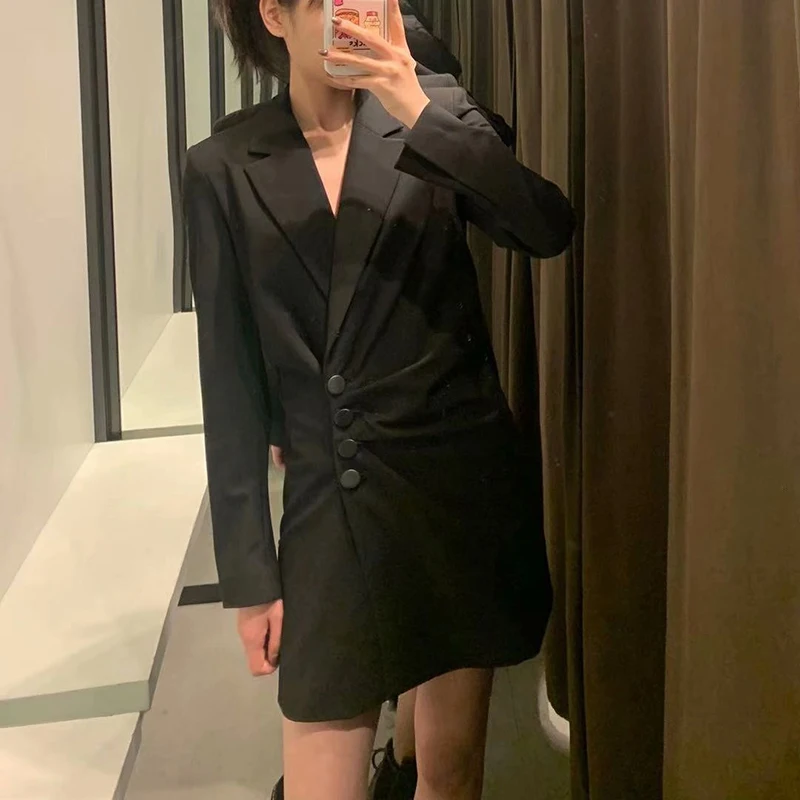 

Women's British Style Casual Suit-Style Dress Waist Pleated Button Decoration Commuter Spring New