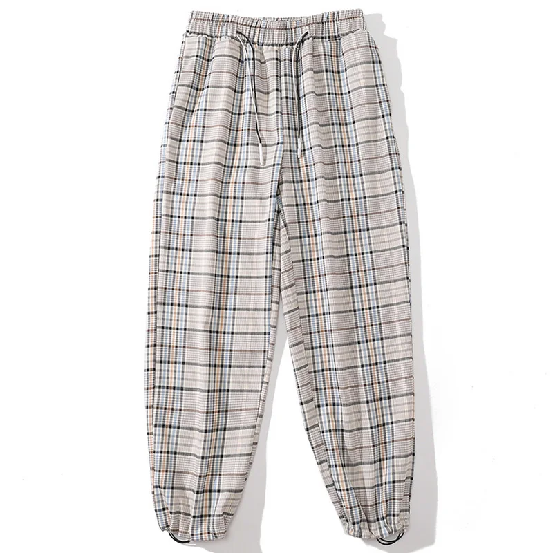 

Men Casual Vintage Retro Loose Plaid Wide Leg Streetwear Drawstring Straight Track Sweatpants Unisex Oversized Jogger Pants
