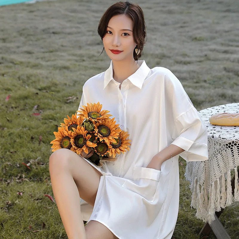

Sleepwear Women Spring Autumn Sexy Long Summer Plus Size Silk Satin Soft Turn-down Collar Female Nightdress