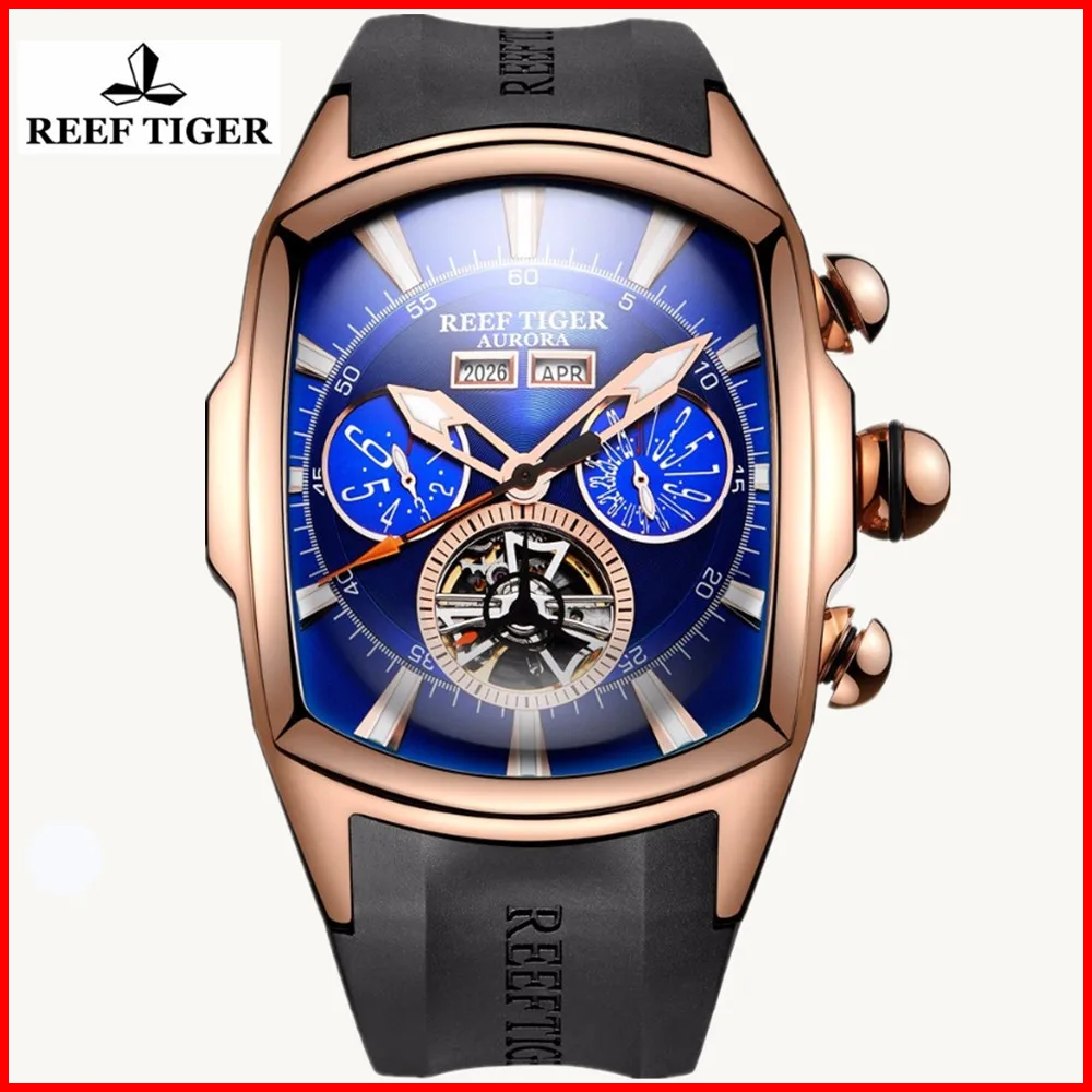 Спортивные мужские часы Reef Tiger/RT аналоговый дисплей светящиеся розовое золото