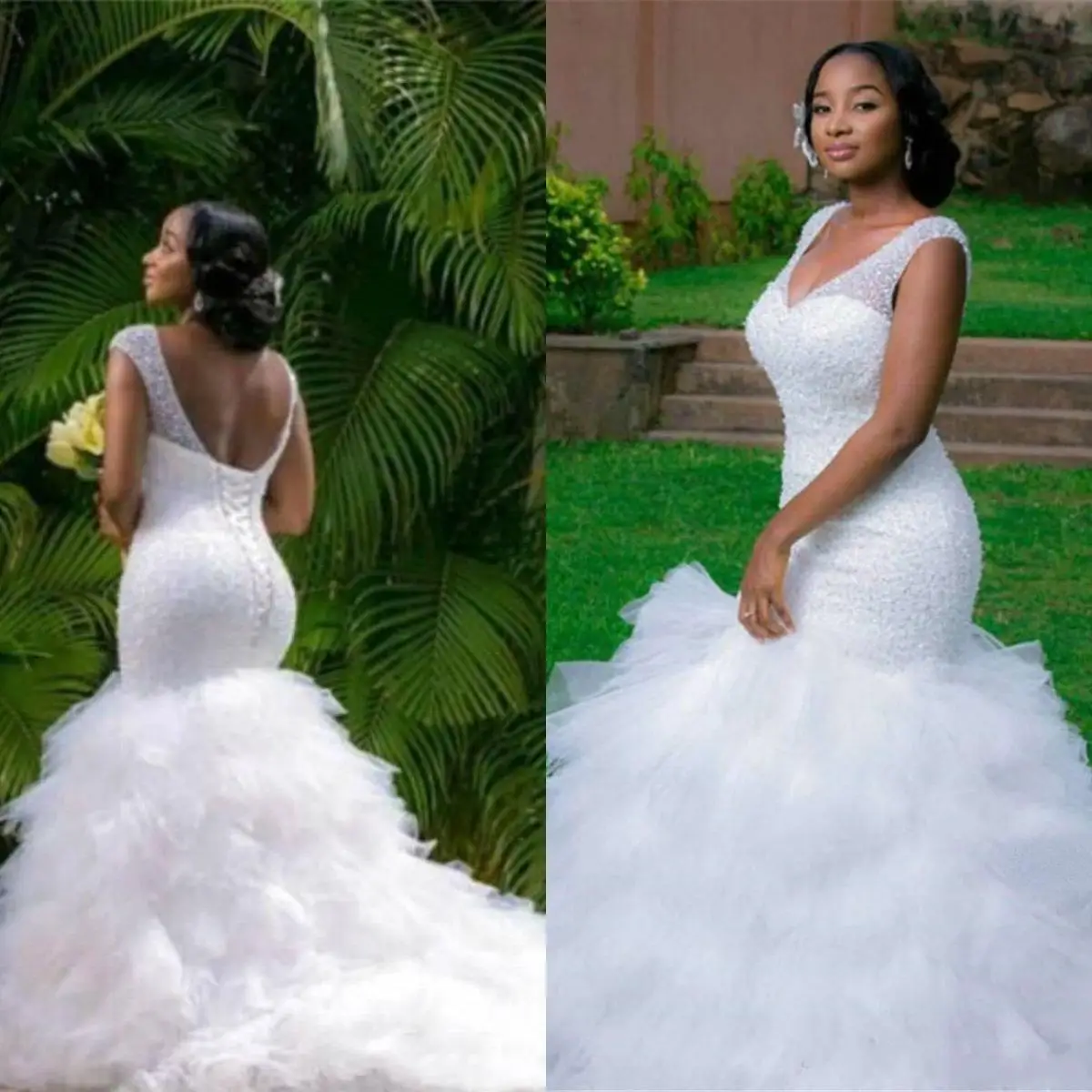 

African Mermaid Wedding Dresses 2022 V Neck Luxury Major Beading Backless Plus Size Bridal Gowns Custom Made