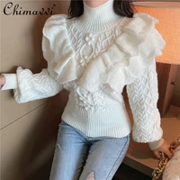 turtleneck twist korean style thick sweater women 2021 ruffled lantern sleeves jumper lady autumn winter knitted pullover