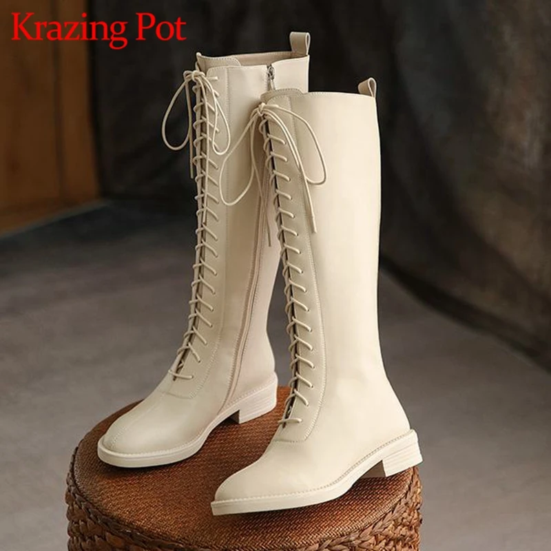 

Krazing Pot cow split leather cowboy boots winter cross-tied round toe locomotive low heels neutral retro thigh high boots l44