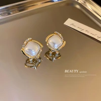 925 silver needle korean simple light luxury exquisite high grade feeling diamond inlaid freshwater pearl earrings female
