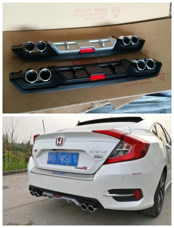 

ABS Car Rear Trunk Lip Bumper Diffuser with Exhaust Tips Protector Cover Fits For Honda civic 2016 2017 2018 2019