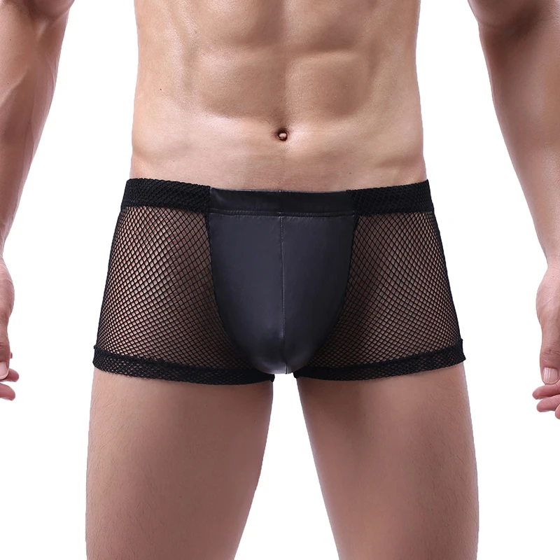 Mens Boxer Shorts Sexy Mesh See Through PU Leather Penis Pouch Underwear Exotic Gay Panties Calzoncillo Hombre Boxershorts XXL | Мужская