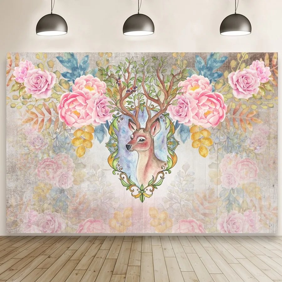 

Flowers Beautiful Deer Customize Birthday Background Portrait Photography Banner Decor Ink Painting Backdrops Photocall Studio