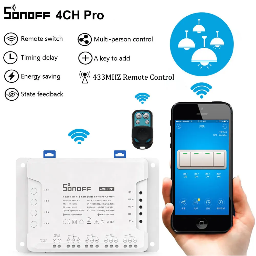 Интеллектуальный выключатель света Sonoff 4CHProR3 Smart Wifi светильник 4 банды 3 режима