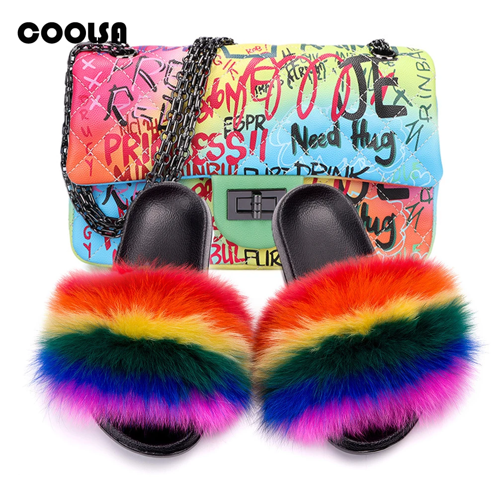 Женские меховые тапочки Комплект с сумкой Пушистые Шлепанцы из натурального