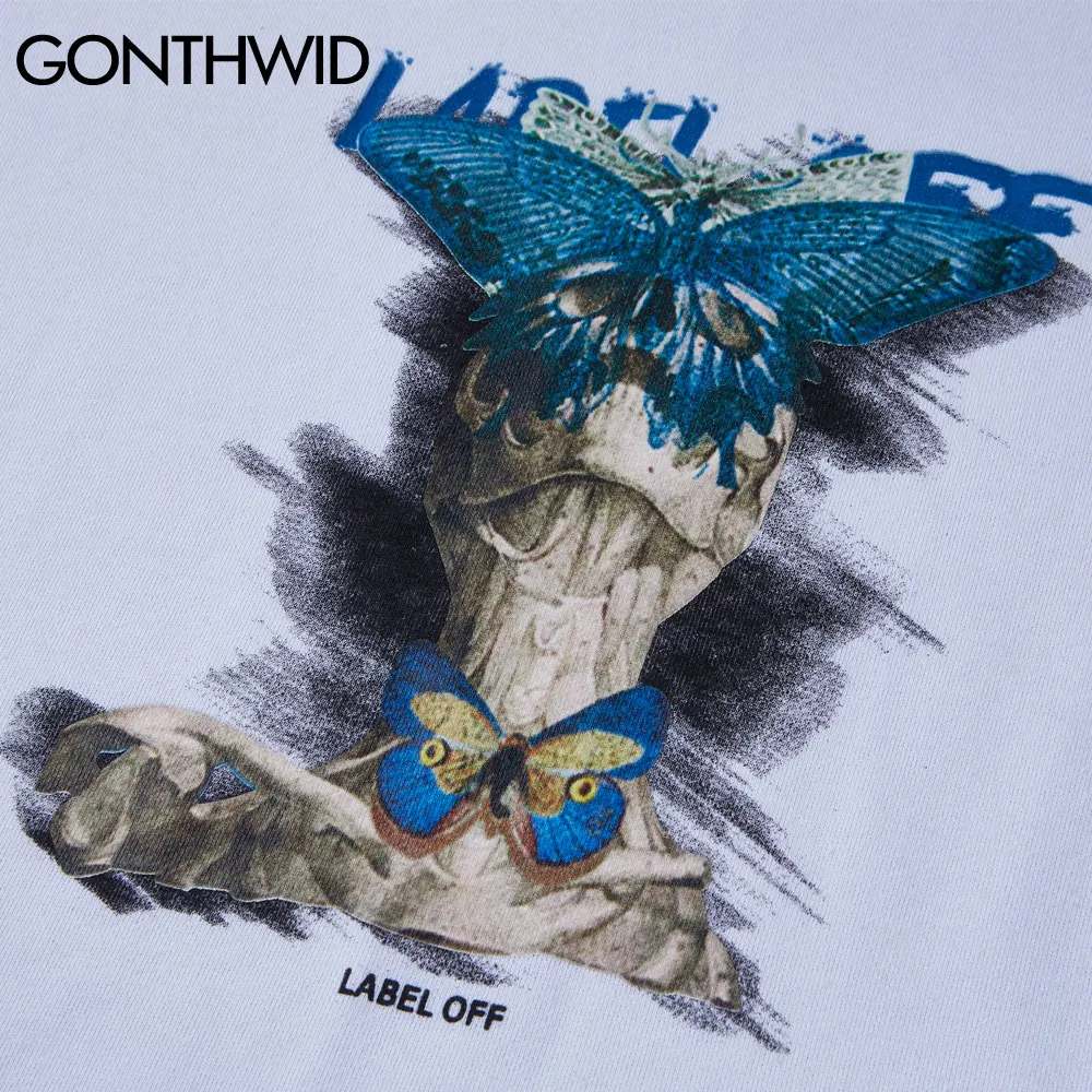 

GONTHWID Butterfly Skull Print Distressed Ripped Destroyed Holes Hoodies Sweatshirts Streetwear 2020 Hip Hop Casual Loose Tops