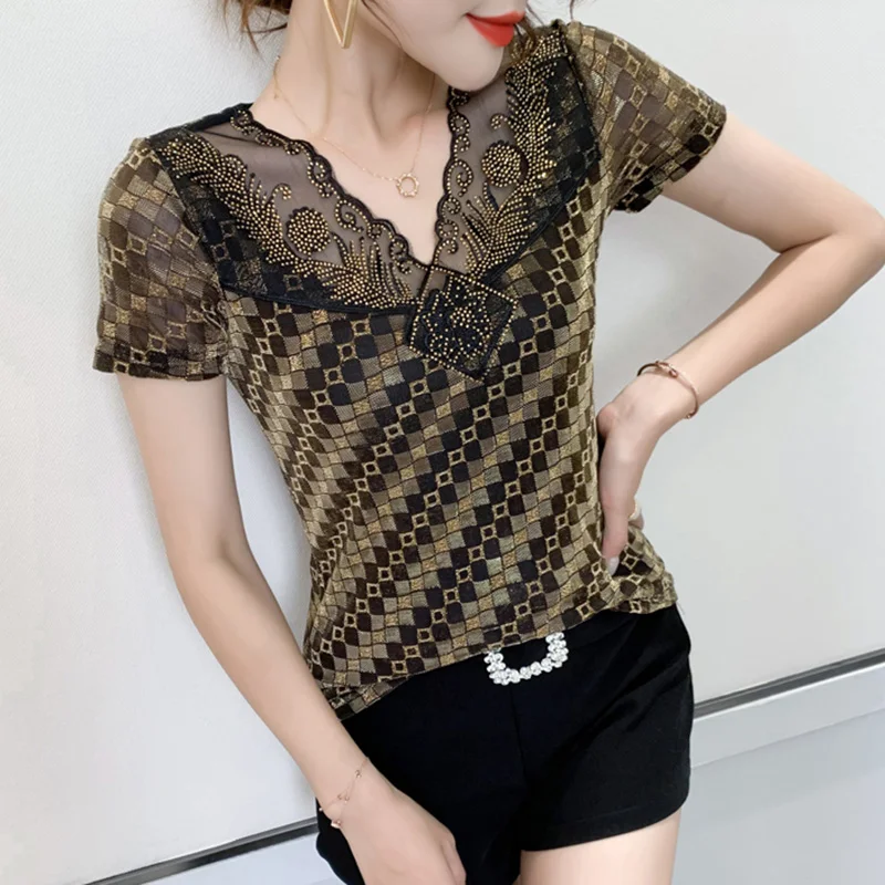 

Short Sleeve Women's t-shirt New 2021 Summer Fashion Casual V-Neck Mesh Tops Elegant Slim Lace Shirt Plus Size Clothing