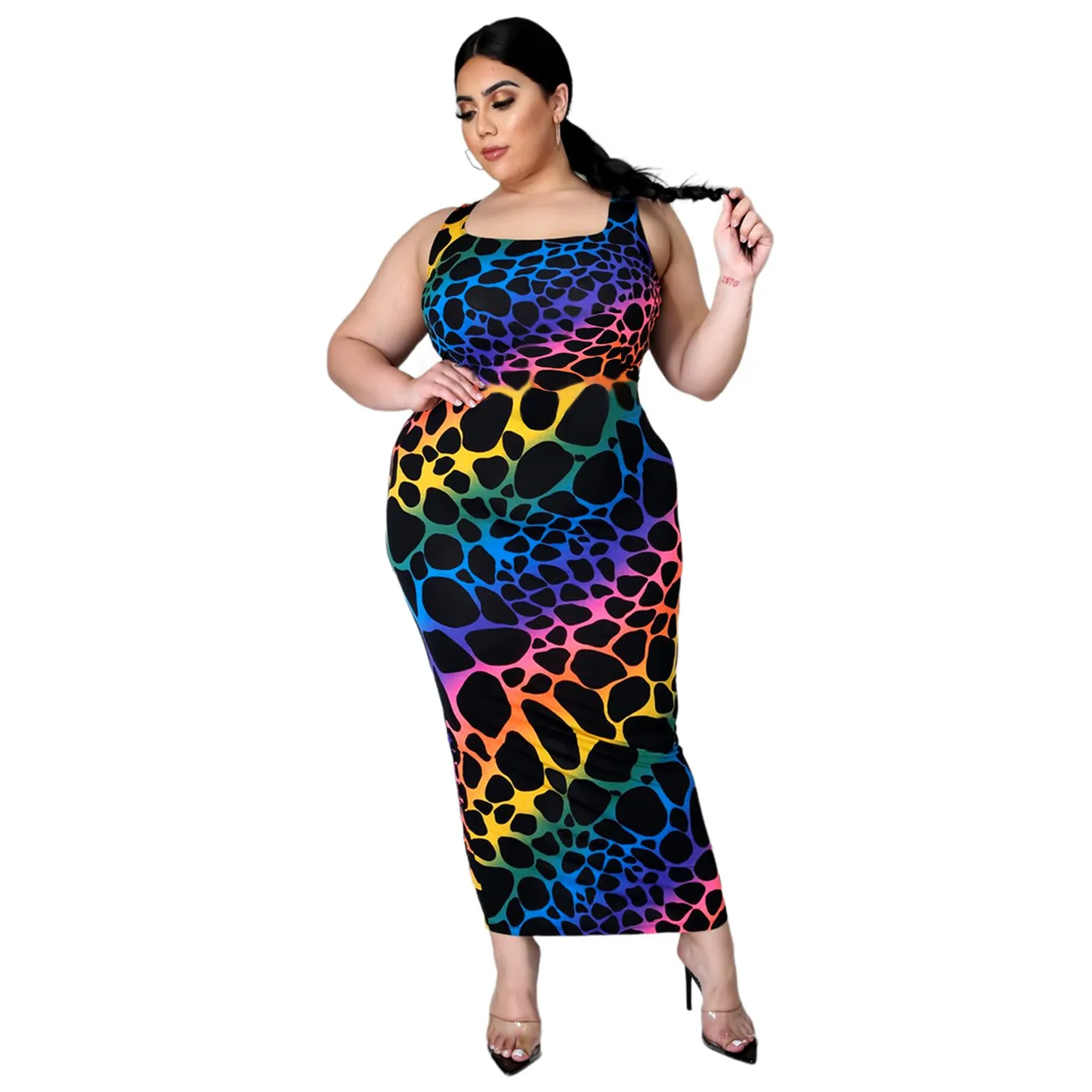 

Echoine Plus Size Leopard Bodycon Dress O-neck Sleeveless Maxi Dresses for Women Casual High Street Wear 2021 Drop Shipping