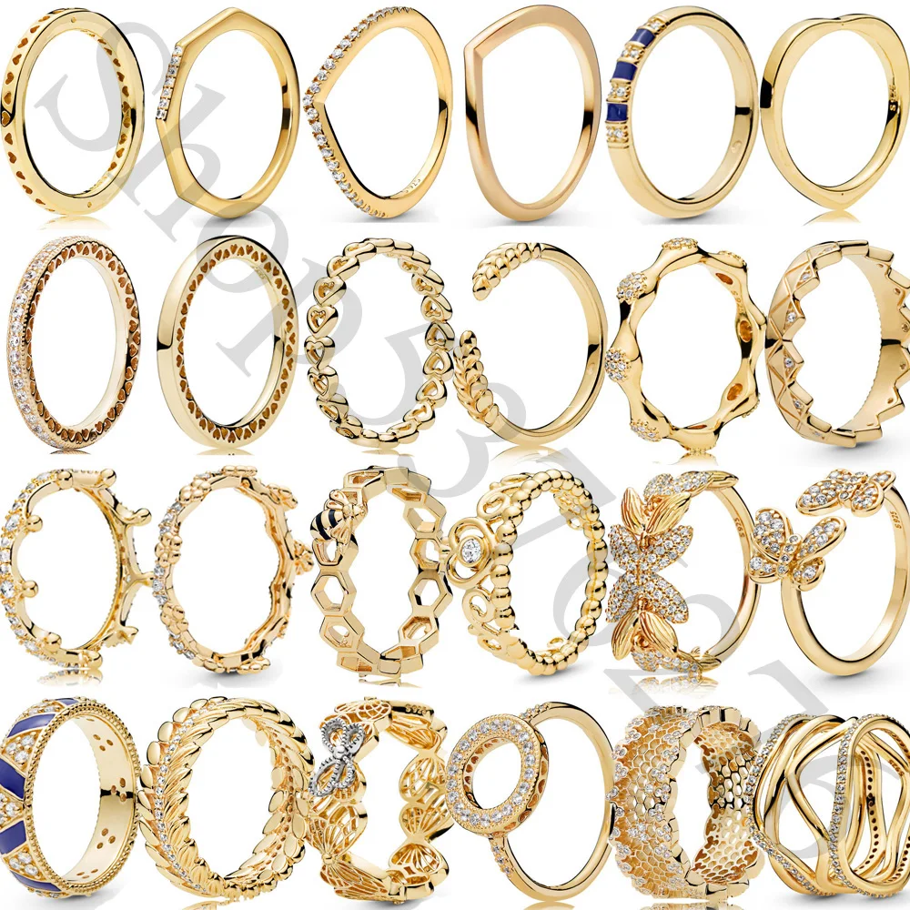 925 Sterling Silver Gold Shine Signature Logo Wish Heart Crown Halo Fashion Ring For Pandora Women Bead Charm Gift DIY Jewelry | Украшения