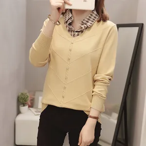 Plaid Stitch False Two Piece Knitted Plus Large Size Oversize Korean Fashion Pullovers For Autumn Women'S Clothing Sweaters