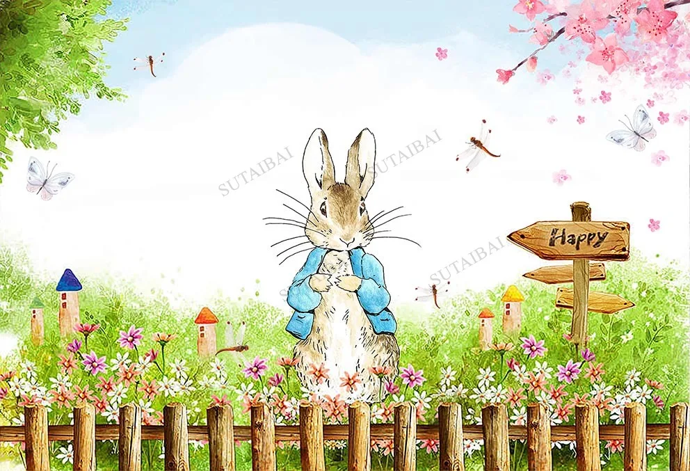 

Cartoon Rainbow Rabbit Light Baby Showr Spring Backdrops Photography Kids Birthday Party Easter Background Photocall Photophone