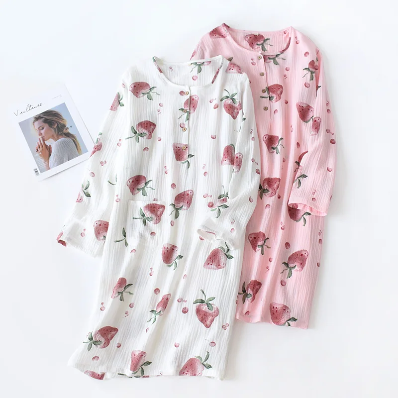 

Spring Autumn New Cotton Nightgown Women's Fruit Print Home Dress Full Sleeve Nightdress Casual O-Neck Sleepwear Sleepshirts