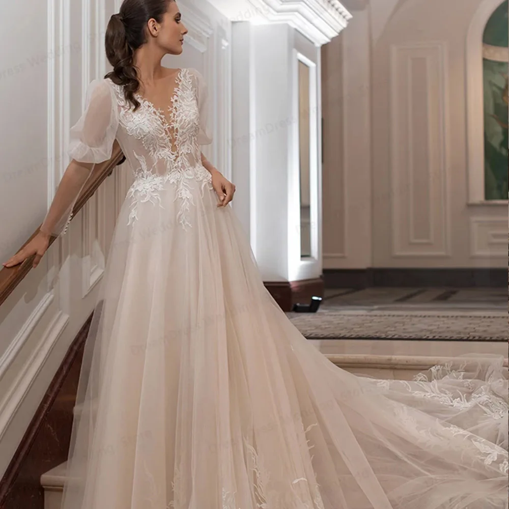 

Wedding Dress 2021 Princess Robe De Mariee Custom Made A Line V-Neck Lace Appliqued Puff Sleeves Bride Dress With Long Train