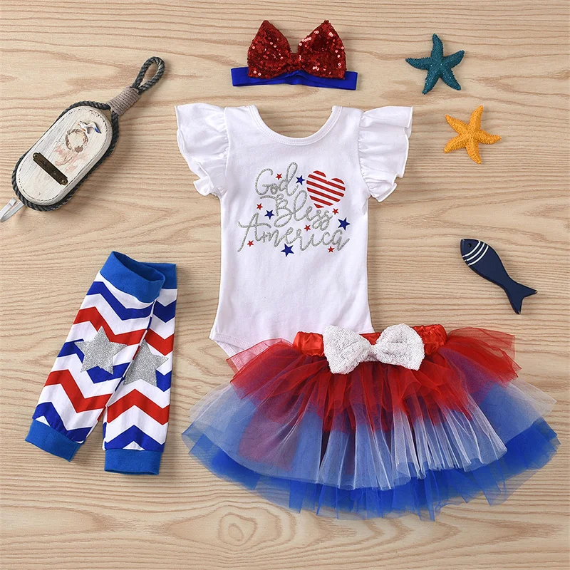 

2021 Summer Sweet Newborn Baby Girls Clothes Sets 4Pcs Baby Outfit Letters Print Short Sleeves Romper & Tutu Skirt + Headband