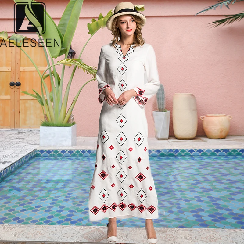 Женское винтажное платье AELESEEN белое Свободное с длинным рукавом и v образным