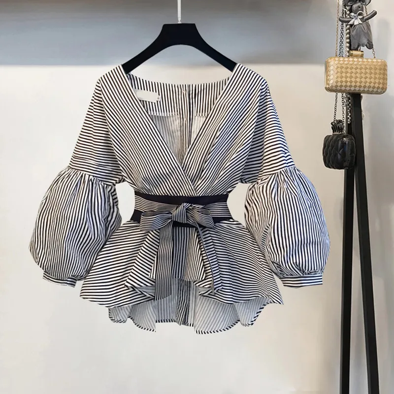 

2022 Lantern Sleeve Top Shirt Women Fashion Korean Summer Autumn Bowknot V-neck Striped Shirt Ladies Chiffon Elegant Top Women