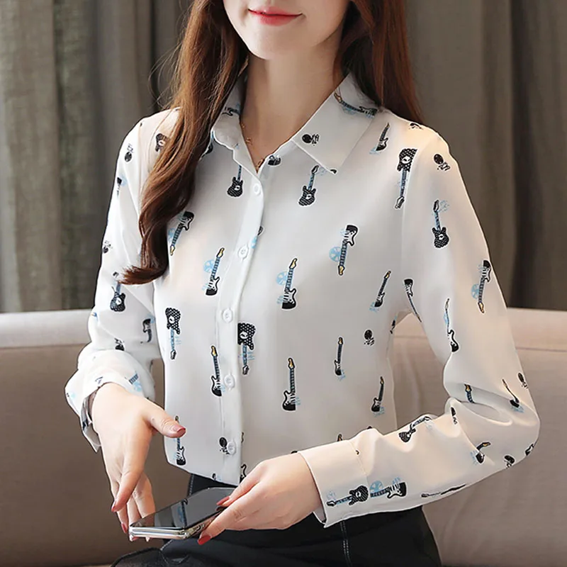 Blusas Mujer De Moda осенние модные женские рубашки с длинным рукавом и отложным воротником, повседневные набивные шифоновые блузки 6198 50