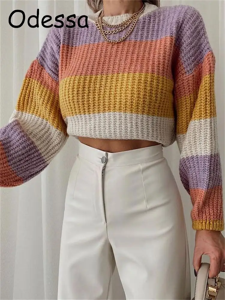 

Odessa Cropped Oversize Long Sleeve Women Knitted Crop Top 2021 2021 Autumn Winter Basic Fashion Women's Sweaters for New Year