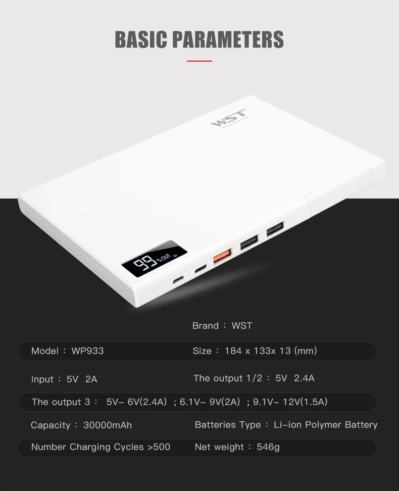 WST power Bank 30000 мАч Внешний аккумулятор-зарядное устройство power bank 30000 мАч Usb C PD цифровой дисплей power Bank Быстрая зарядка 3,0