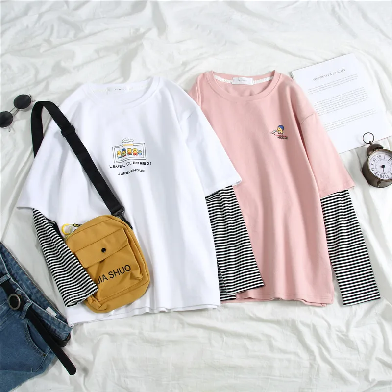 Женская футболка с буквенным принтом, Harajuku Kawaii Ulzzang, топы, уличная одежда, 2 штуки, клетчатые рукава, футболка для друзей, Femme