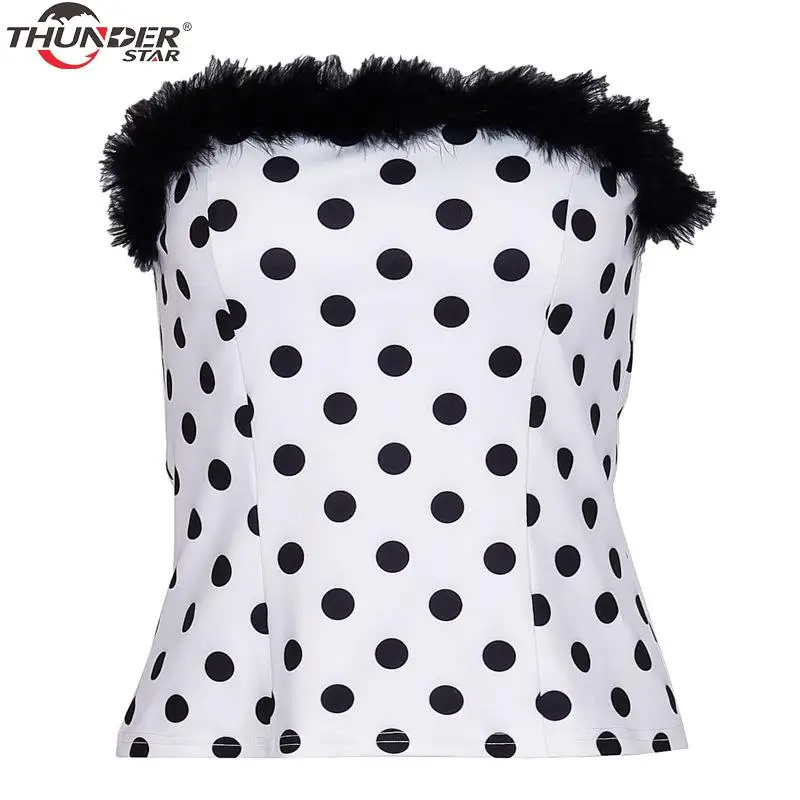 Женский топ в горошек с мехом из кусков сексуальный короткий весна-лето 2020