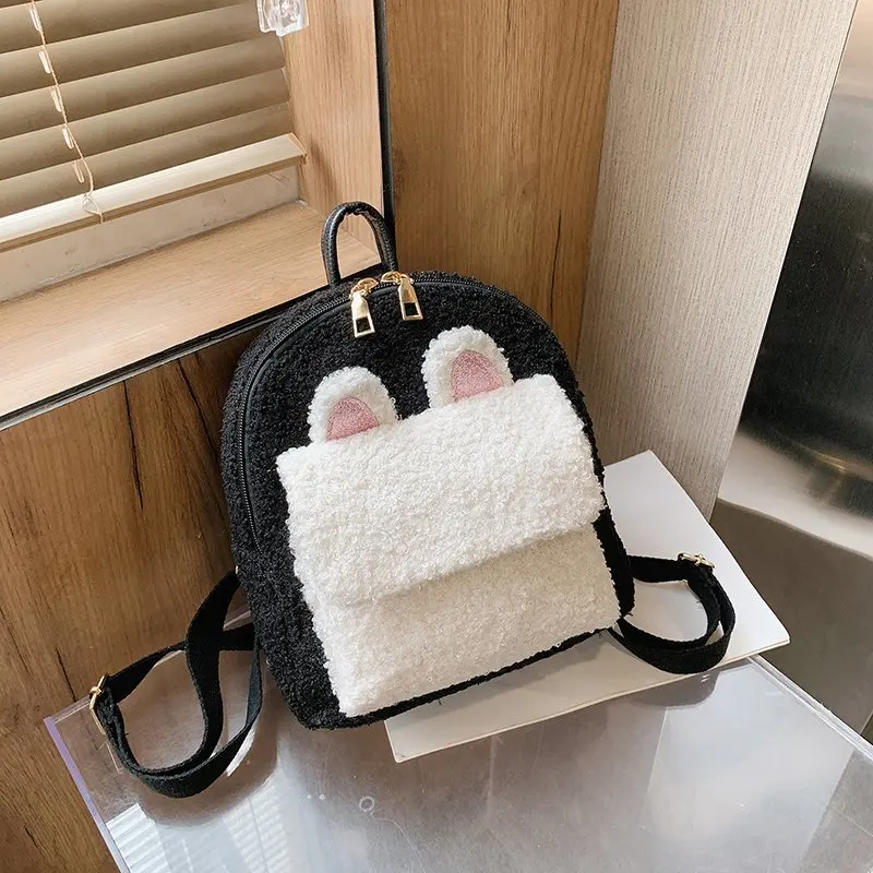 Kawaii Fluffy Bag 2021 Winter New Furry Mini Backpacks Korean Plush Backpack Women Cute Ears Faux Fur Shoulders Bag For Girl