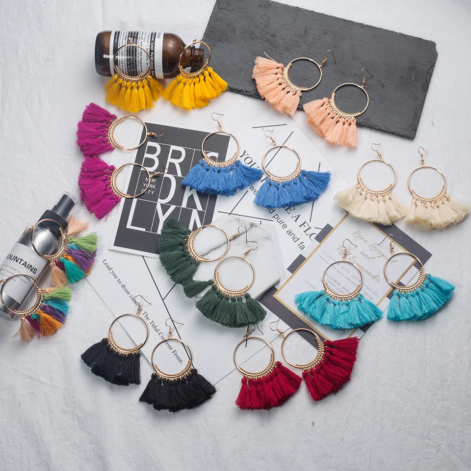Boho Серьги Падения Для Женщин Серьги Кисточкой Большое Заявление Vintage Fringe Серьги Мотаться Красный Желтый Черный Зеленый Ювелирные Изделия