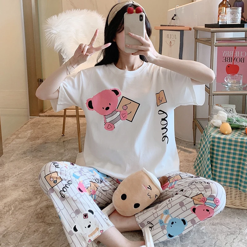 

Pajamas Female Spring and Autumn Purified Cotton Thin Short Sleeve Pants Two-Piece Suit Cute Student Cartoon Korean Tracksuit