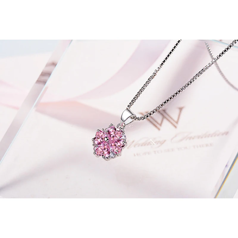 Кубический цирконий цветок Сакура кулон ожерелье серебро розовый медь вишня