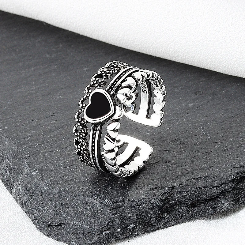 

Unisex Vintage Heart Love Multilayer Resizable Rings for Women Men Thai Silver Color Opening Index Finger Rings Couple Jewelry
