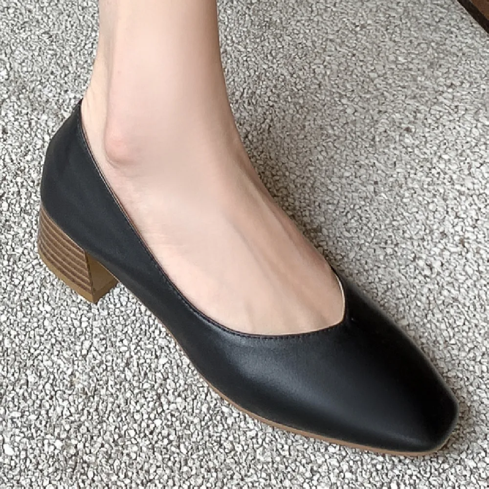 

Women's genuine leather thick med heel square toe slip-on pumps OL style soft comfortable daily female heels high quality shoes
