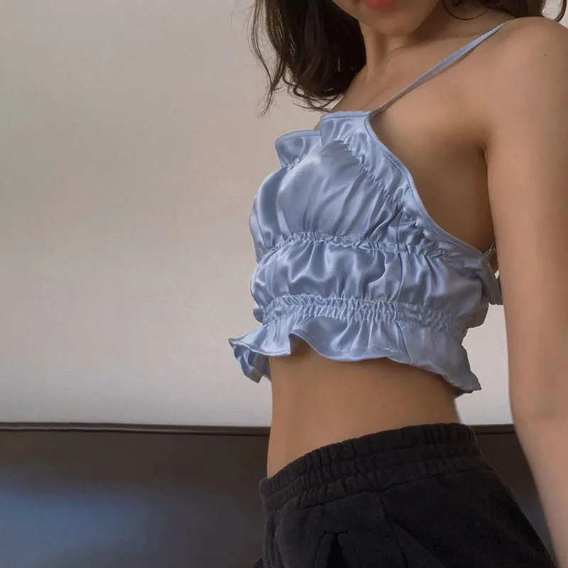 Женские майки с рюшами регулируемые оборками и черный или синий атласный Топ из