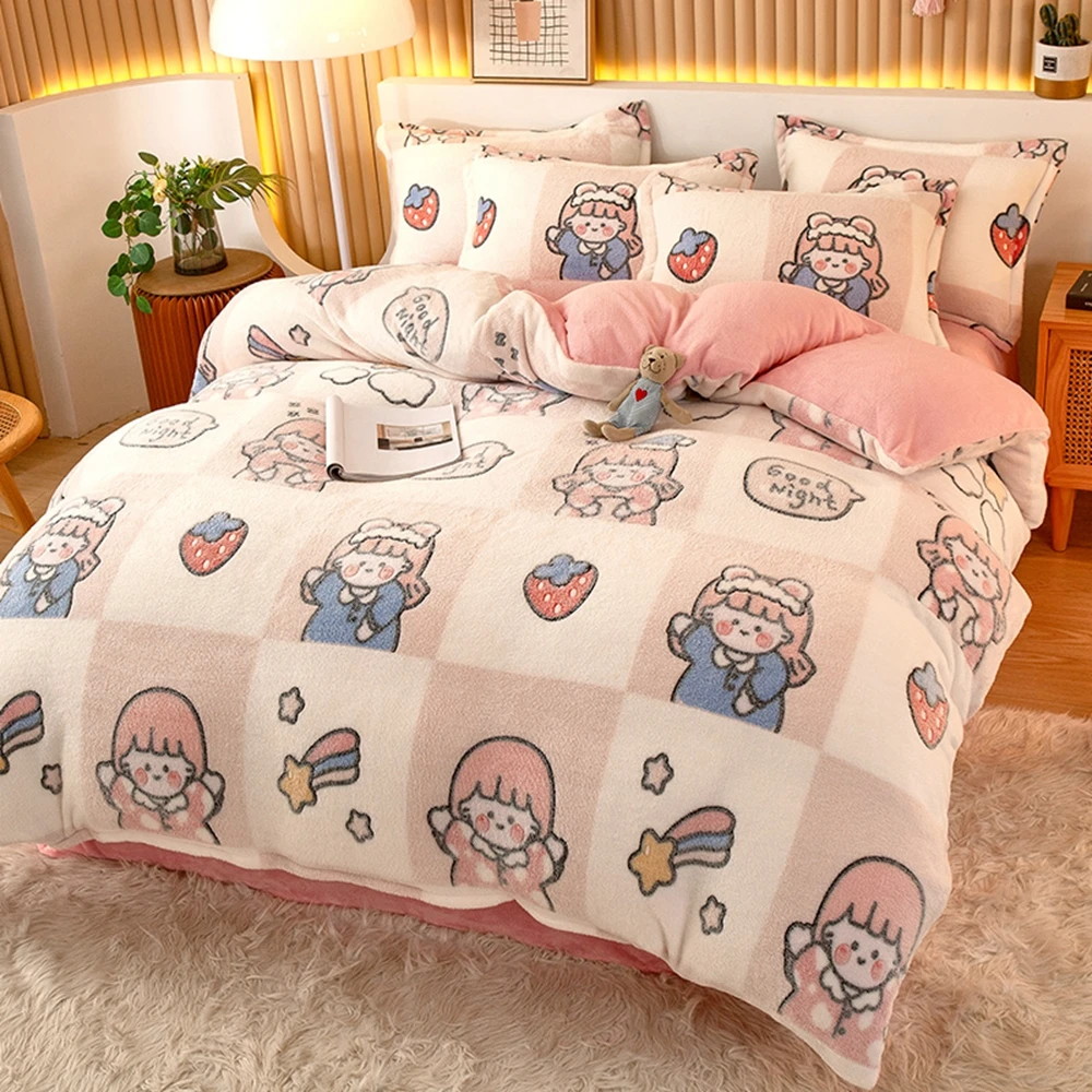 

Winter Home Textile 3/4 Piece Pink Strawberry Girl Duvet Cover Bedding Set Soft Comfortable Flance Quilt Cover Twin Queen Size