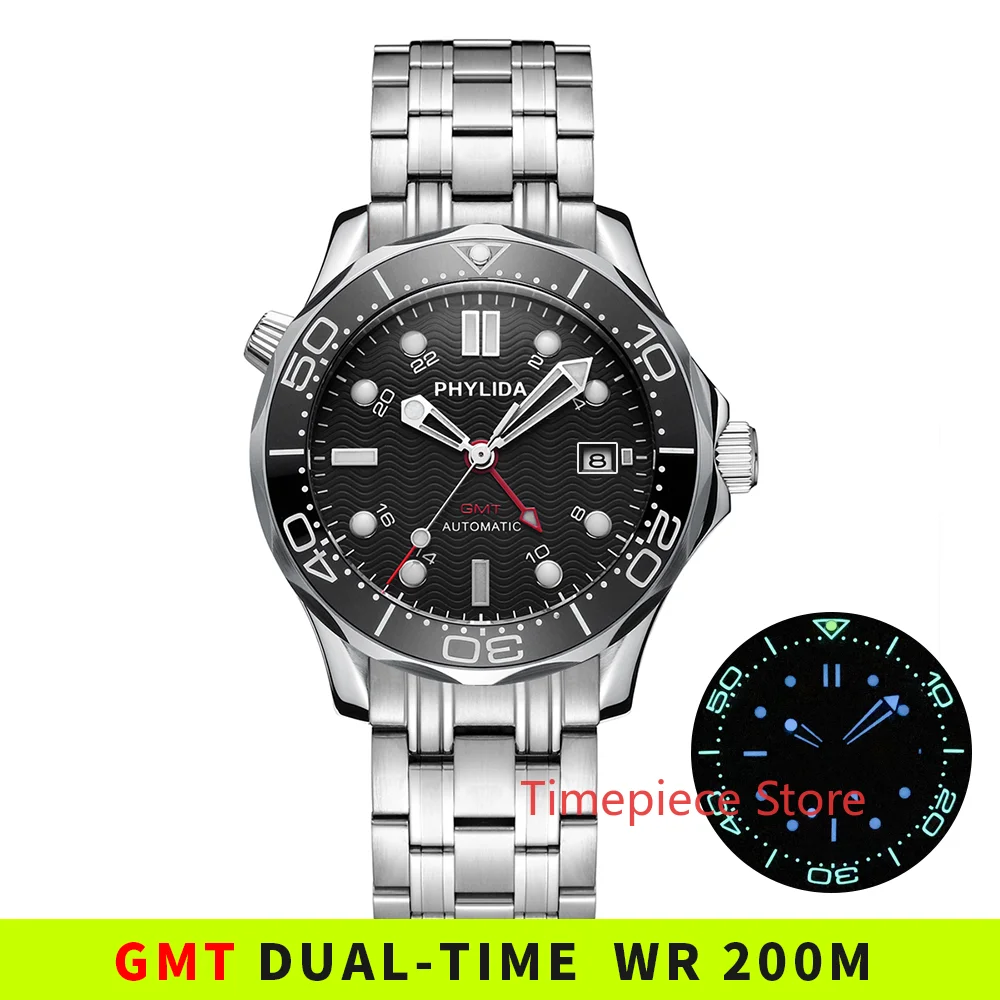 PHYLIDA 200 м протестированный водонепроницаемый GMT двойной чёрный волновой