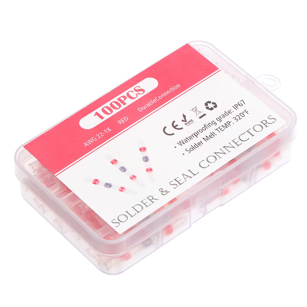 

100pcs Solder Seal Butt Connectors 22-18 AWG Red Waterproof Heat Shrink Wire Connectors Terminals Automotive Electrical