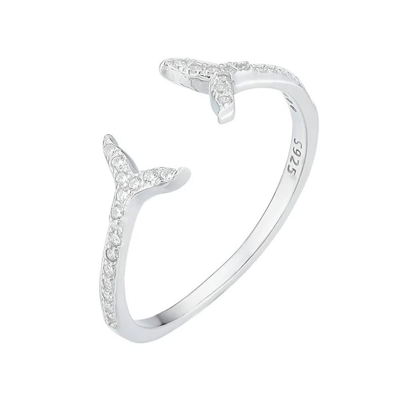 

VENTFILLE 925 Sterling Silver Romantic Cute Style Pave Cubic Zircon Stones Mermaid Tail Open Rings Aniaml Fish Tail Girl Ring