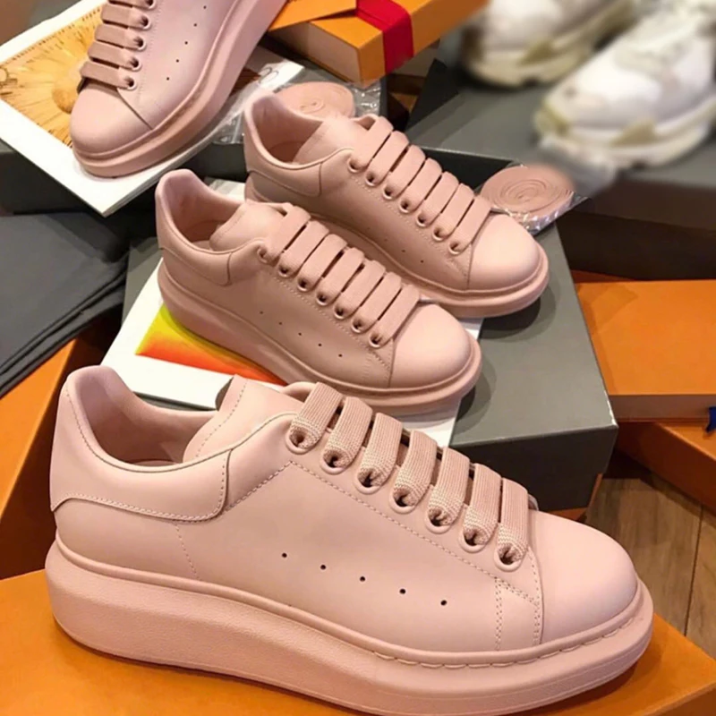 Женские кожаные кроссовки розовые туфли на плоской подошве толстом каблуке