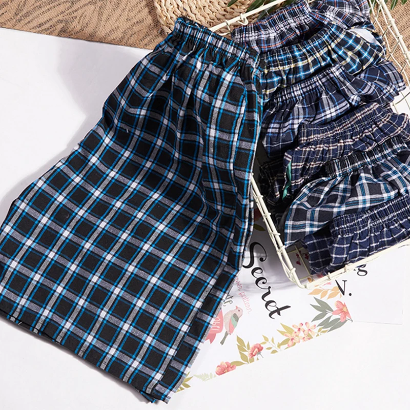 

1pcs Men Men's Cotton Shorts Cotton Plaid Sleepwear Mens Pajama Double Gauze Casual Living Pants Beach Pants