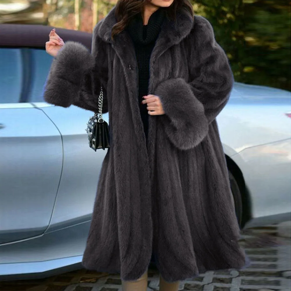

2021 Women New Faux Fur Overcoat Long Solid Color Lapel Long Sleeve Thicken Warm Autumn Winter Fashion Loose Casual