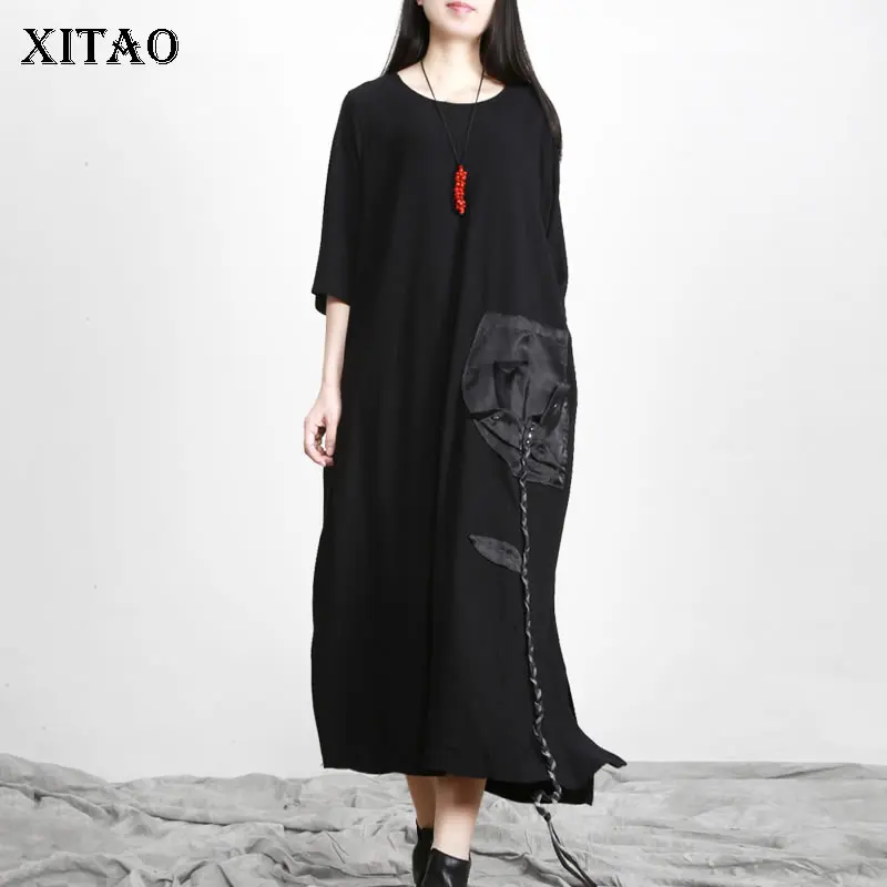 

XITAO Плиссированное Платье, Модное Новое Женское платье с карманом, богиня, веерный пуловер, осень 2021, Длинное свободное платье с завязками, ...