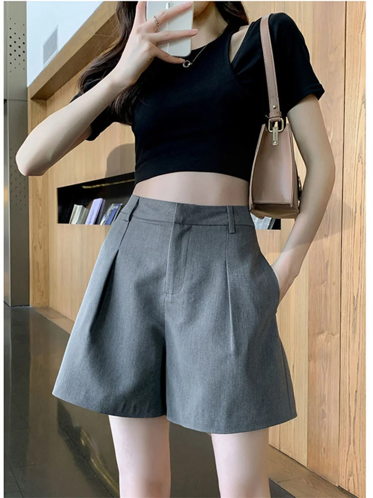

Летние женские шорты с карманами Леди Шик корейский стиль, винтажный стиль, высокая талия, широкие брюки широкие Короткие штаны Femme однотонн...