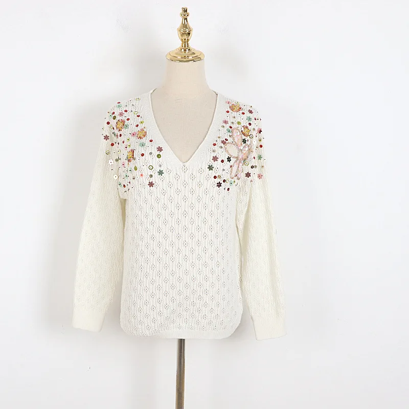 

Женский пуловер с V-образным вырезом, белый ажурный свитер с цветочной вышивкой и блестками, Осень-зима 2021