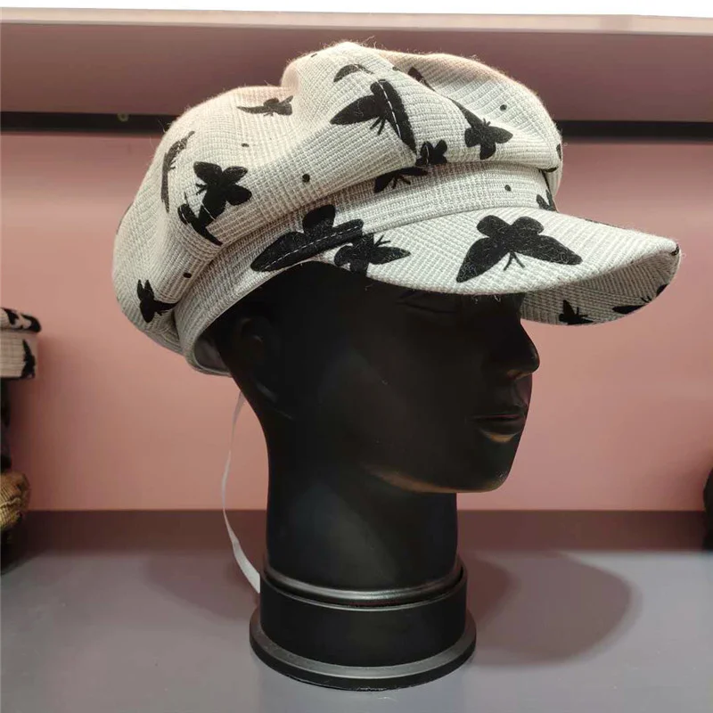 

Beret Hat Winter Fashion Painter Hat Women Velvet Warm Flat Top Military Cap Casual Butterfly Print Octagonal Hat Newsboy