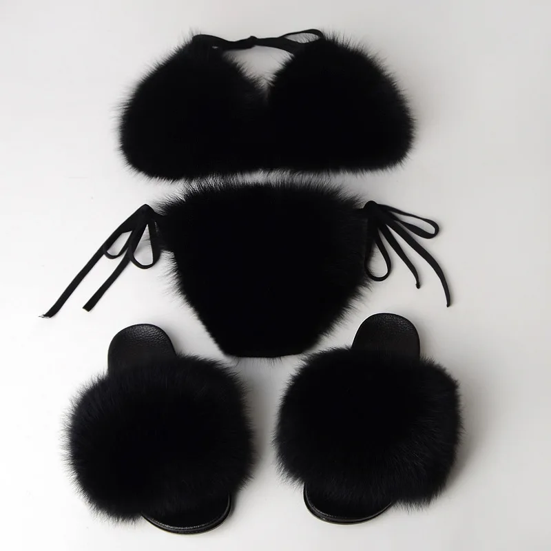 black set Пикантные тапочки с натуральным лисьим мехом женские меховые бюстгальтеры, женские пушистые меховые шлепанцы, меховые бикини, повседневные домашние тапочки, женские удобные плюшевые туфли на плоской подошве - Цвет: black set